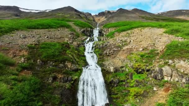 Wiele Wodospadów Otoczonych Zielonymi Krzakami Mchem Górska Rzeka Płynie Wzgórza — Wideo stockowe
