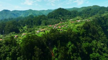 Küçük bir kasabanın üstündeki havadan, yaz aylarında sahildeki Village at Mountain 'dan. Madeira, Portekiz. Yüksek kalite 4k görüntü