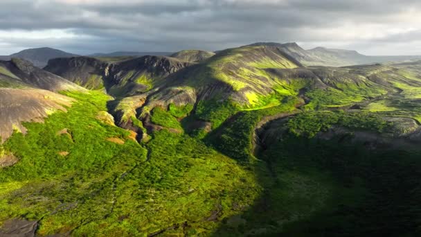 Hochland Island Schöner Vulkanberg Ungewöhnliche Naturlandschaft Schwarze Hügel Mit Grünem — Stockvideo