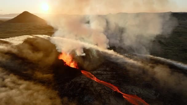 Volcano Eruption Red Hot Burning Lava Erupts Ground Iceland Drone — Stock Video