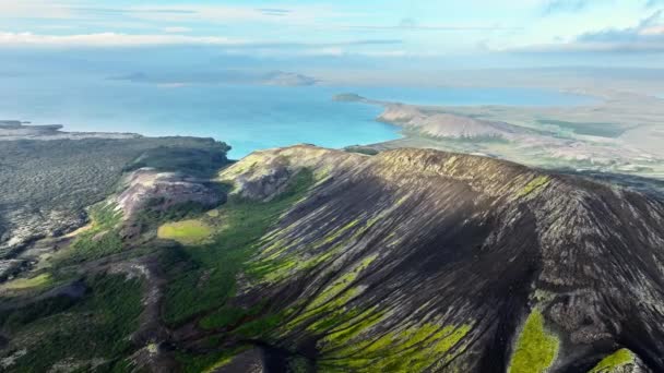 アイスランドの高原 美しい火山 珍しい自然の風景 緑のモスが付いている黒い丘 4Kについて — ストック動画