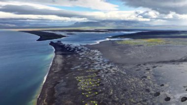 İzlanda 'daki Kara Sahil Hava Manzarası, Yeşil Çimen Kara Kumdan Yeşillik 4k