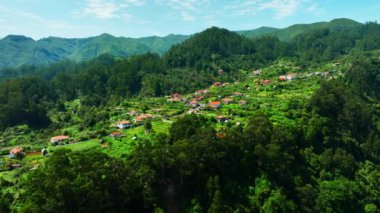 Küçük bir kasabanın üstündeki havadan, yaz aylarında sahildeki Village at Mountain 'dan. Madeira, Portekiz. Yüksek kalite 4k görüntü