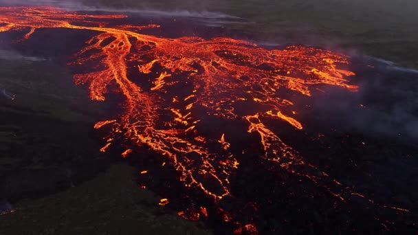 Розгалуження Лавового Потоку Від Виверження Вулкана Ісландії 2023 Гарячий Червоний — стокове відео