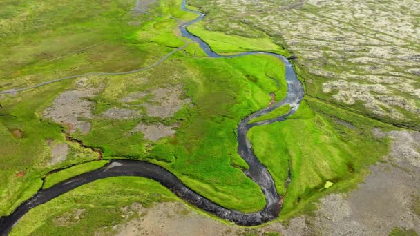 奇妙な形をしたマウンテンリバーは アイスランドの山々で湾曲した形状の川が流れます 北部の夏に アリアルビュー 高品質の4K映像 — ストック動画