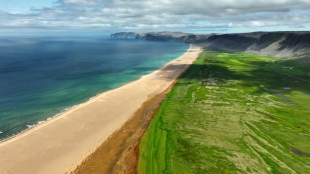 Plage Avec Sable Doré Herbe Verte Sur Océan Islande Paysage — Video