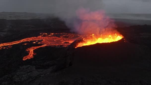 Volcano Eruption Red Hot Burning Lava Erupts Ground Iceland Drone — Stock Video