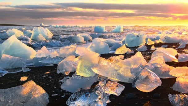 Ledovce Zářící Během Zlaté Hodiny Černé Pláži Východ Slunce Diamond — Stock video