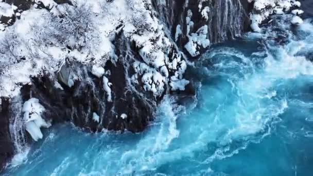 Godafoss Berömda Vattenfall Island Fruset Vattenfall Vintern Magisk Vinter Plats — Stockvideo
