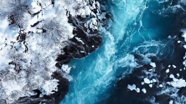 Godafoss Berömda Vattenfall Island Fruset Vattenfall Vintern Magisk Vinter Plats — Stockvideo