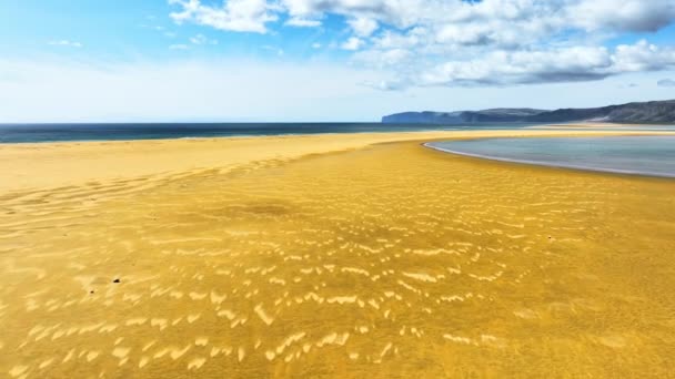 海の砂浜 地球上のパラダイス 素晴らしい風景 アイスランドの美しい黄色い砂 夏の休日のコンセプト 高品質の4K映像 — ストック動画
