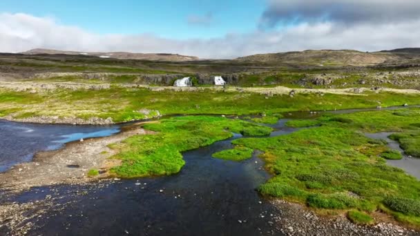 Vliegen Prachtige Waterval Ijsland Een Bewolkte Zomerochtend Landschap Met Groen — Stockvideo