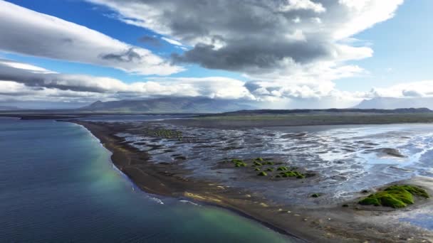 Μαύρη Παραλία Στην Ισλανδία Αεροφωτογραφία Πράσινο Γρασίδι Αυξάνεται Από Μαύρη — Αρχείο Βίντεο