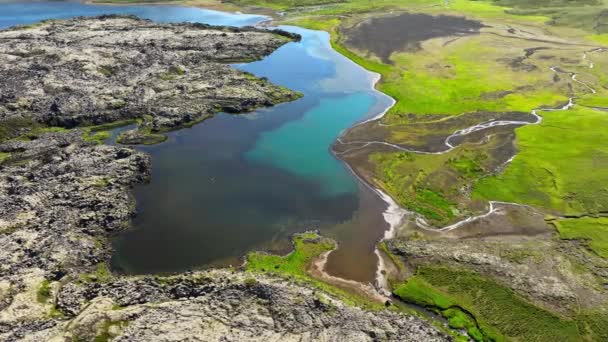 Lavaveld Zomer Ijsland Buitengewoon Landschap Vanuit Vogelperspectief Vulkanische Berg Bedekt — Stockvideo