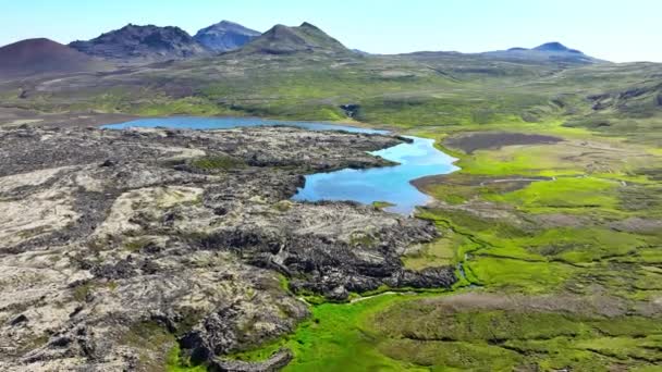 アイスランドの夏のラバフィールド 鳥の目から見た珍しい風景 春の初めに緑のモスで覆われた火山の山 明確な氷河の水で湖 高品質の4K映像 — ストック動画