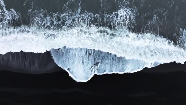 Aerial View Black Sand Volcanic Beach Crashing Waves Serene Tranquil — Stock Video