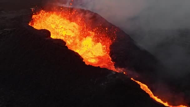 Éruption Volcan Islande Écoulement Rivière Lave Chaude Rouge Phénomène Naturel — Video