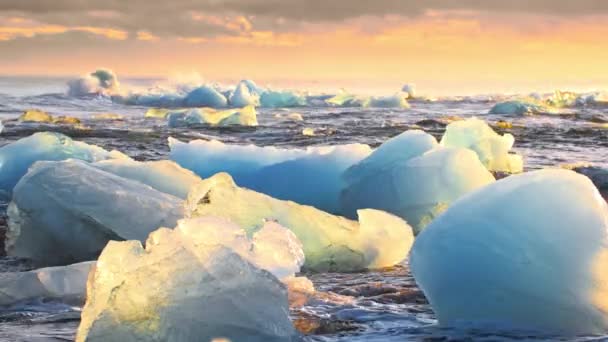 金光闪闪的冰山在黑色的海滩上闪耀 冰岛钻石海滩的日出 清澈的冰被海浪冲垮了 气候变化与全球变暖问题 高质量的4K镜头 图库视频