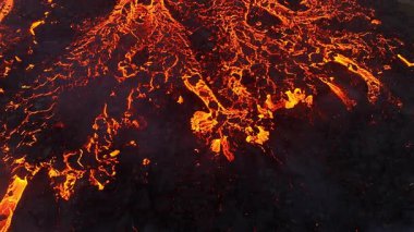 Volcano eruption in 2023, Red burning lava erupts from the ground in Iceland. Formation of a new active volcano. Aerial footage. High quality 4k footage