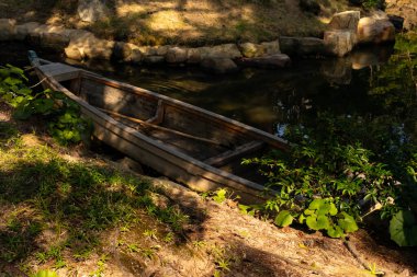Bu güzel kayık göletin kıyısında oturuyordu. Bu kahverengi ahşap teknenin uzun zamandır terk edilmiş olduğunu gösteren yeşil yapraklar büyüyor. Görüntü ışıkla parlıyor gibi..