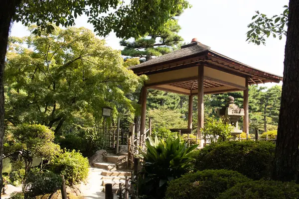 Japonya 'daki parkın güzel manzarası. Güzel pagoda görüntünün kenarında duran yapıya benziyor. Huzurlu bir çevreyi gösteren meditasyon yapan yeşil yapraklar..