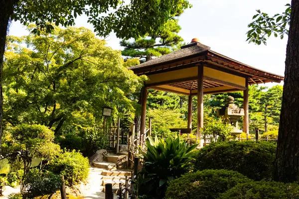 Japonya 'daki parkın güzel manzarası. Güzel pagoda görüntünün kenarında duran yapıya benziyor. Huzurlu bir çevreyi gösteren meditasyon yapan yeşil yapraklar..