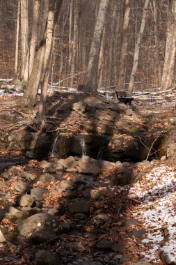 Küçük bir şelale kayaların üzerinde çağlar ve güneş lekeli bir ormanda kar. Arka planda bank olan bir kış sahnesi. Huzurlu doğa ayarları.