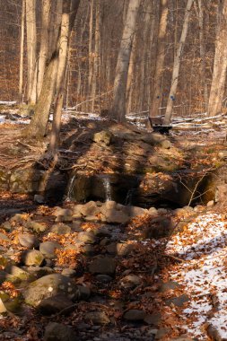 Küçük bir şelale kayaların üzerinde çağlar ve güneş lekeli bir ormanda kar. Arka planda bank olan bir kış sahnesi. Huzurlu doğa ayarları.
