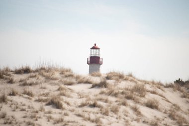 Majestic Cape May Deniz Feneri kumlu kum tepelerinin tepesinde, parlak mavi bir gökyüzüne karşı dimdik ayakta duruyor. Huzurlu bir sahil manzarası.