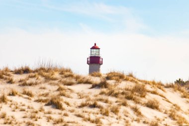 Majestic Cape May Deniz Feneri kumlu kum tepelerinin tepesinde, parlak mavi bir gökyüzüne karşı dimdik ayakta duruyor. Huzurlu bir sahil manzarası.