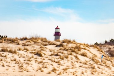 Majestic Cape May Deniz Feneri kumlu kum tepelerinin tepesinde, parlak mavi bir gökyüzüne karşı dimdik ayakta duruyor. Huzurlu bir sahil manzarası.