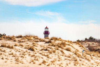 Majestic Cape May Deniz Feneri kumlu kum tepelerinin tepesinde, parlak mavi bir gökyüzüne karşı dimdik ayakta duruyor. Huzurlu bir sahil manzarası.