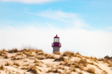 Majestic Cape May Deniz Feneri kumlu kum tepelerinin tepesinde, parlak mavi bir gökyüzüne karşı dimdik ayakta duruyor. Huzurlu bir sahil manzarası.