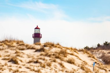 Majestic Cape May Deniz Feneri kumlu kum tepelerinin tepesinde, parlak mavi bir gökyüzüne karşı dimdik ayakta duruyor. Huzurlu bir sahil manzarası.