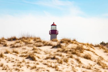 Majestic Cape May Deniz Feneri kumlu kum tepelerinin tepesinde, parlak mavi bir gökyüzüne karşı dimdik ayakta duruyor. Huzurlu bir sahil manzarası.