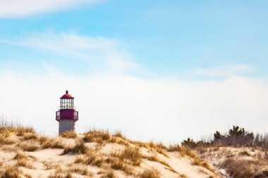 Majestic Cape May Deniz Feneri kumlu kum tepelerinin tepesinde, parlak mavi bir gökyüzüne karşı dimdik ayakta duruyor. Huzurlu bir sahil manzarası.