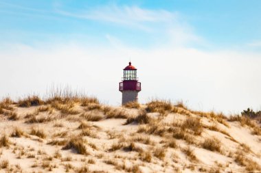 Majestic Cape May Deniz Feneri kumlu kum tepelerinin tepesinde, parlak mavi bir gökyüzüne karşı dimdik ayakta duruyor. Huzurlu bir sahil manzarası.