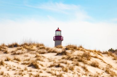 Majestic Cape May Deniz Feneri kumlu kum tepelerinin tepesinde, parlak mavi bir gökyüzüne karşı dimdik ayakta duruyor. Huzurlu bir sahil manzarası.