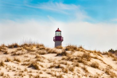 Majestic Cape May Deniz Feneri kumlu kum tepelerinin tepesinde, parlak mavi bir gökyüzüne karşı dimdik ayakta duruyor. Huzurlu bir sahil manzarası.