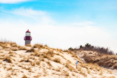 Majestic Cape May Deniz Feneri kumlu kum tepelerinin tepesinde, parlak mavi bir gökyüzüne karşı dimdik ayakta duruyor. Huzurlu bir sahil manzarası.