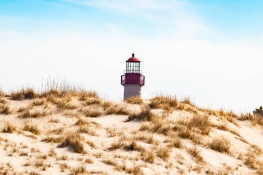 Majestic Cape May Deniz Feneri kumlu kum tepelerinin tepesinde, parlak mavi bir gökyüzüne karşı dimdik ayakta duruyor. Huzurlu bir sahil manzarası.