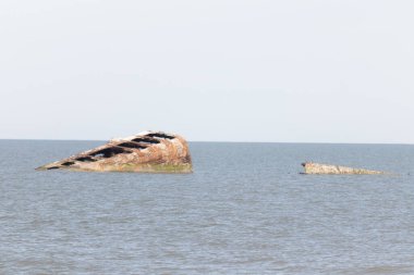 Bir gemi enkazının paslı kalıntıları, sayısız siyah kuşa tüneme olanağı sağlayan sakin, koyu mavi denizden ortaya çıkar. Gökyüzü bulutlu. Cape May New Jersey 'de perili sahil manzarası.