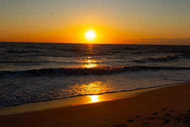 Güneşin ufukta battığı nefes kesici bir okyanus gün batımı dalgalanan mavi suya sıcak bir altın parıltı saçıyor. Huzurlu ve resimli sahil manzarası.