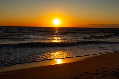 Güneşin ufukta battığı nefes kesici bir okyanus gün batımı dalgalanan mavi suya sıcak bir altın parıltı saçıyor. Huzurlu ve resimli sahil manzarası.
