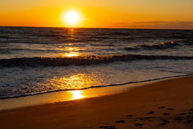 Güneşin ufukta battığı nefes kesici bir okyanus gün batımı dalgalanan mavi suya sıcak bir altın parıltı saçıyor. Huzurlu ve resimli sahil manzarası.