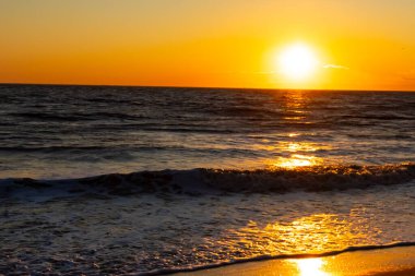 Güneşin ufukta battığı nefes kesici bir okyanus gün batımı dalgalanan mavi suya sıcak bir altın parıltı saçıyor. Huzurlu ve resimli sahil manzarası.