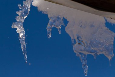 Bu buz sarkıtı çatıdan sarkan kadar güzel görünüyor. Donmuş suyun sivri mızrağı ışığı yakalıyor ve neredeyse parıldıyor. Arkadaki mavi gökyüzü bu görüntüyü oluşturmaya yardımcı olur..