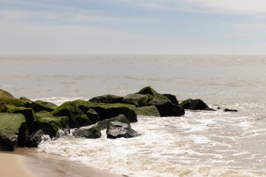 Bu, suya uzanan bir iskelenin resmi. Dalgalar etrafa köpük saçıyor. Körfezden çıkan büyük siyah kayaların üzerinde yeşil yosun yetişiyor..