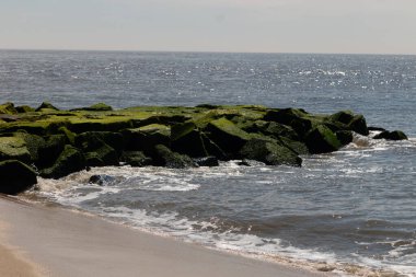 Bu, suya uzanan bir iskelenin resmi. Dalgalar etrafa köpük saçıyor. Körfezden çıkan büyük siyah kayaların üzerinde yeşil yosun yetişiyor..