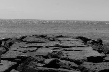 Bu iskelenin güzel siyah kayalarının bir görüntüsü. Zümrüt yeşili yosun yetişiyor. Güneşi yakalıyor ve neredeyse parıldıyor. Su arka planda biraz görülebilir..